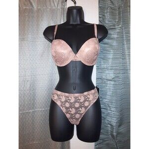 Youmita 38B Cafe CremeFloral Lace Push Up Bra & Large Seamless Floral Panty NWT